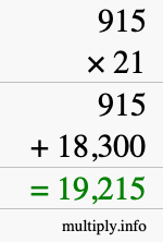 How to calculate 915 times 21 using long multiplication