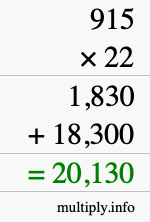 How to calculate 915 times 22 using long multiplication