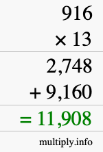 How to calculate 916 times 13 using long multiplication
