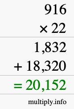 How to calculate 916 times 22 using long multiplication