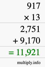 How to calculate 917 times 13 using long multiplication