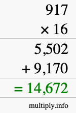 How to calculate 917 times 16 using long multiplication