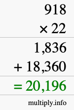 How to calculate 918 times 22 using long multiplication