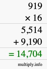 How to calculate 919 times 16 using long multiplication