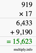 How to calculate 919 times 17 using long multiplication