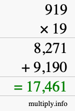 How to calculate 919 times 19 using long multiplication