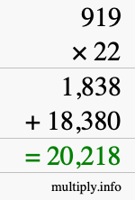 How to calculate 919 times 22 using long multiplication