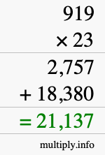 How to calculate 919 times 23 using long multiplication