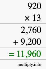How to calculate 920 times 13 using long multiplication
