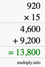 How to calculate 920 times 15 using long multiplication