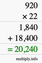 How to calculate 920 times 22 using long multiplication