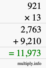 How to calculate 921 times 13 using long multiplication