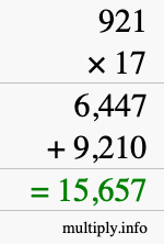 How to calculate 921 times 17 using long multiplication