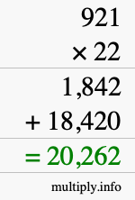 How to calculate 921 times 22 using long multiplication