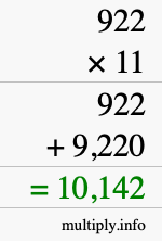 How to calculate 922 times 11 using long multiplication