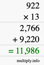 How to calculate 922 times 13 using long multiplication