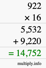 How to calculate 922 times 16 using long multiplication