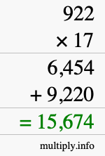 How to calculate 922 times 17 using long multiplication