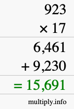 How to calculate 923 times 17 using long multiplication
