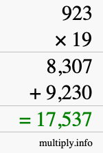 How to calculate 923 times 19 using long multiplication
