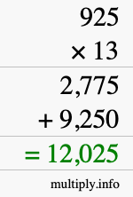 How to calculate 925 times 13 using long multiplication
