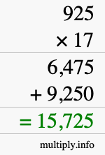 How to calculate 925 times 17 using long multiplication