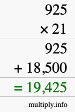 How to calculate 925 times 21 using long multiplication