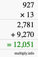 How to calculate 927 times 13 using long multiplication
