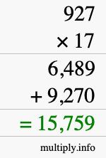 How to calculate 927 times 17 using long multiplication
