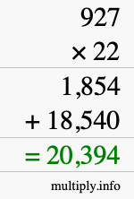 How to calculate 927 times 22 using long multiplication