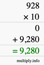 How to calculate 928 times 10 using long multiplication