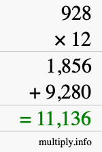 How to calculate 928 times 12 using long multiplication How to calculate 928 times 12 using long multiplication