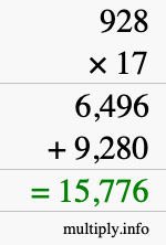 How to calculate 928 times 17 using long multiplication