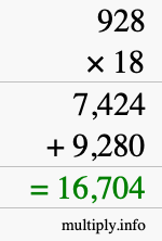 How to calculate 928 times 18 using long multiplication