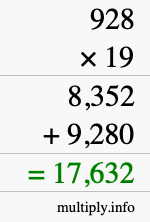 How to calculate 928 times 19 using long multiplication