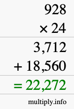 How to calculate 928 times 24 using long multiplication