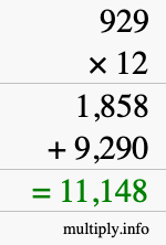 How to calculate 929 times 12 using long multiplication