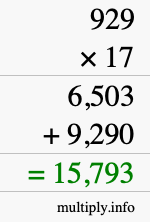 How to calculate 929 times 17 using long multiplication