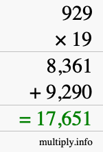 How to calculate 929 times 19 using long multiplication