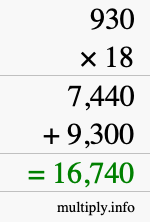 How to calculate 930 times 18 using long multiplication