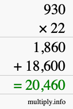 How to calculate 930 times 22 using long multiplication