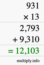 How to calculate 931 times 13 using long multiplication