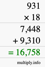 How to calculate 931 times 18 using long multiplication