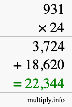 How to calculate 931 times 24 using long multiplication
