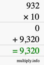 How to calculate 932 times 10 using long multiplication