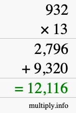 How to calculate 932 times 13 using long multiplication