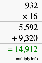 How to calculate 932 times 16 using long multiplication