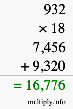 How to calculate 932 times 18 using long multiplication
