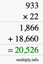 How to calculate 933 times 22 using long multiplication