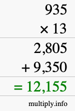 How to calculate 935 times 13 using long multiplication